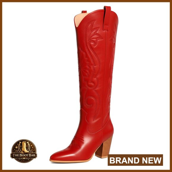 Knee High Cowboy Boots with Embroidered Chunky Heel Western Tall Boots